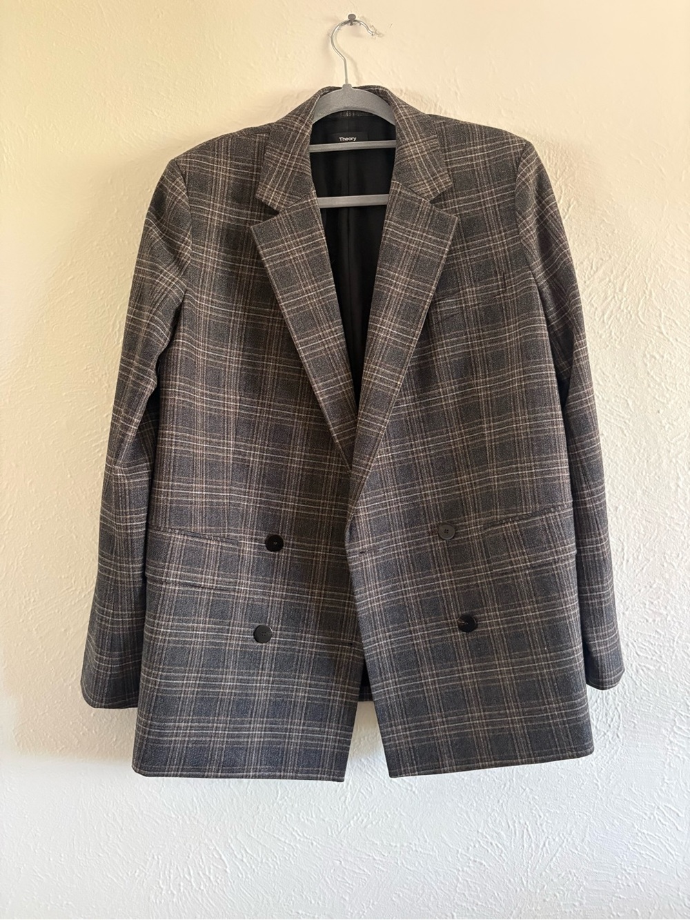 Theory Auburn Plaid Virgin Wool Double Breasted Blazer Size 12